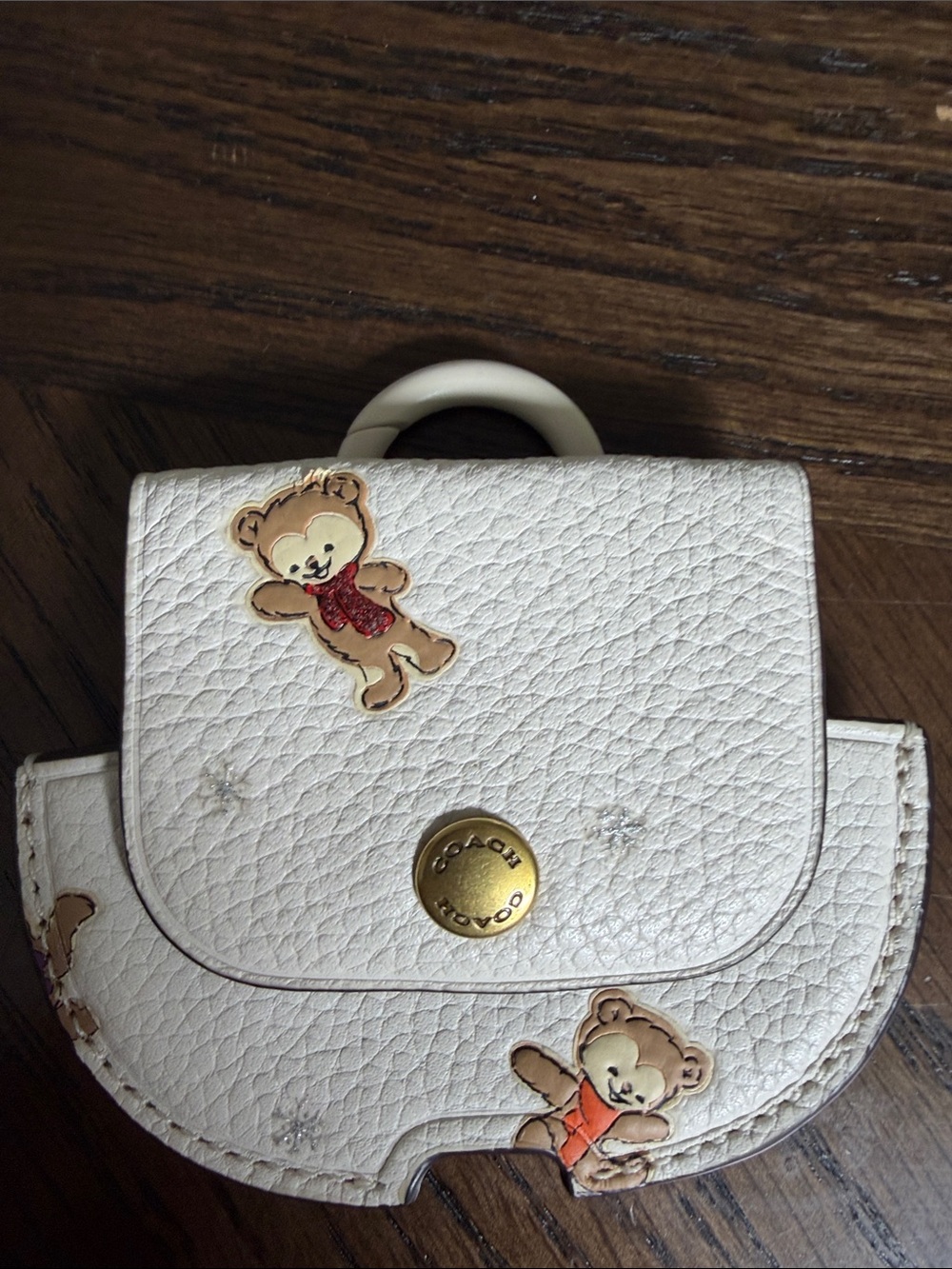 Coach White Leather airpods Pouch with Teddy Detail